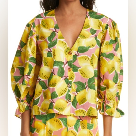 FARM Rio Tops - Farm Rio Fresh Lemons Puff Sleeve Shirt Sz Small